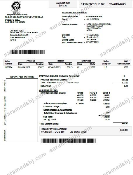 Trinidad and Tobago Electricity Commission utility bill template in Word and PDF formats